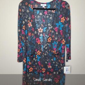 LuLaRoe Sarah Duster Cardigan Small Floral Charcoal Ribbed Blue Orange NEW